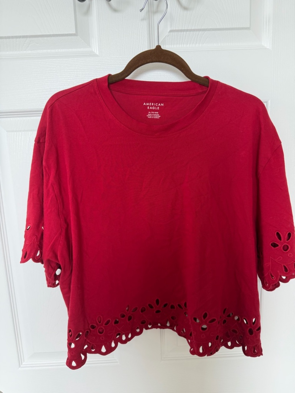 American Eagle Outfitters Red Short Sleeve Tee with Eyelet Hem